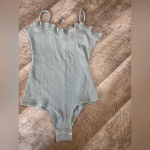 Women's Ribbed Bodysuit in Sage Green, Feminine Flare Sweetheart Neckline